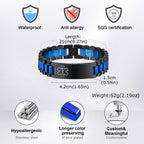 Medical ID Bracelet for Men: Free Engraving Black and Blue Stainless Steel Masculine Watch Band Style Medical Alert Wristband Personalized Medic ID Bracelet Jewelry