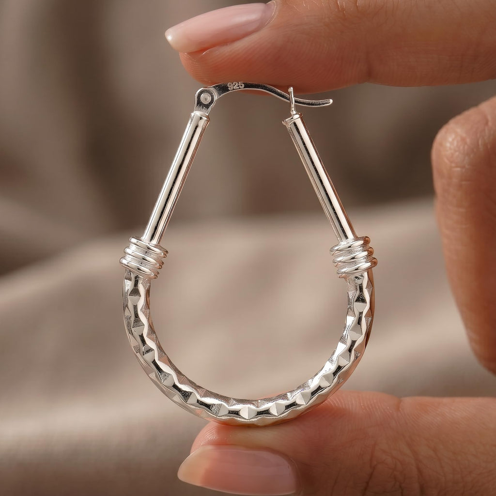 LeCalla 925 Sterling Silver Hoop Earrings for Women - Classic Diamond Cut Oval Hoop Earrings Trendy | Anti Tarnish Textured Hoops Jewelry Gifts for Women | Jewelry for Work, Party, Anniversary & Birthday 35mm