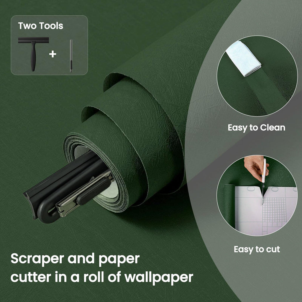 Abyssaly Green Wallpaper Peel and Stick 15.7" x 393.7" Silk Embossed Green Contact Paper for Cabinets Removable Self Adhesive Textured Wallpaper Covering for Bedroom with Scraper, Paper Cutter
