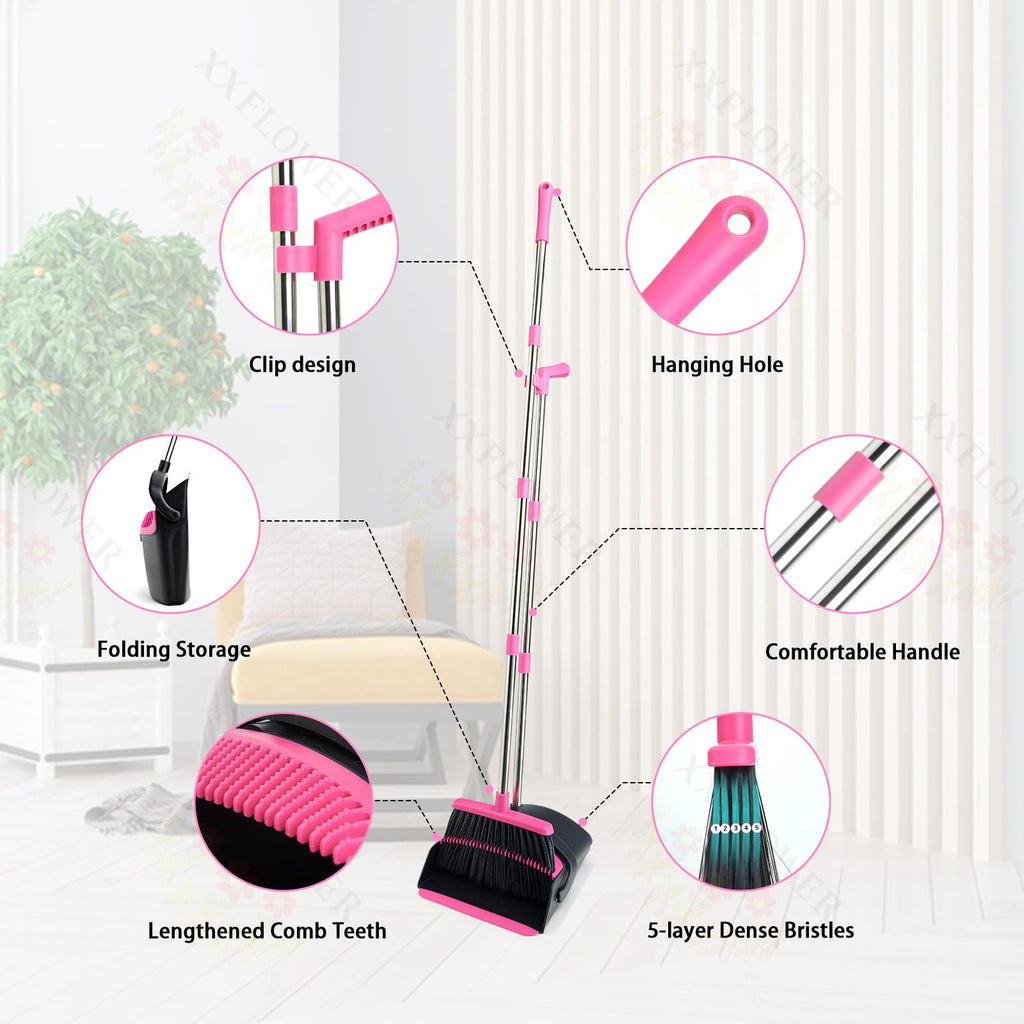 XXFLOWER Broom and Dustpan Set, Long Handle Lightweight Dustpans with Broom Combo for Home, Indoor&Outdoor Sweeping for Home Room Kitchen Office Lobby (Black Pink)
