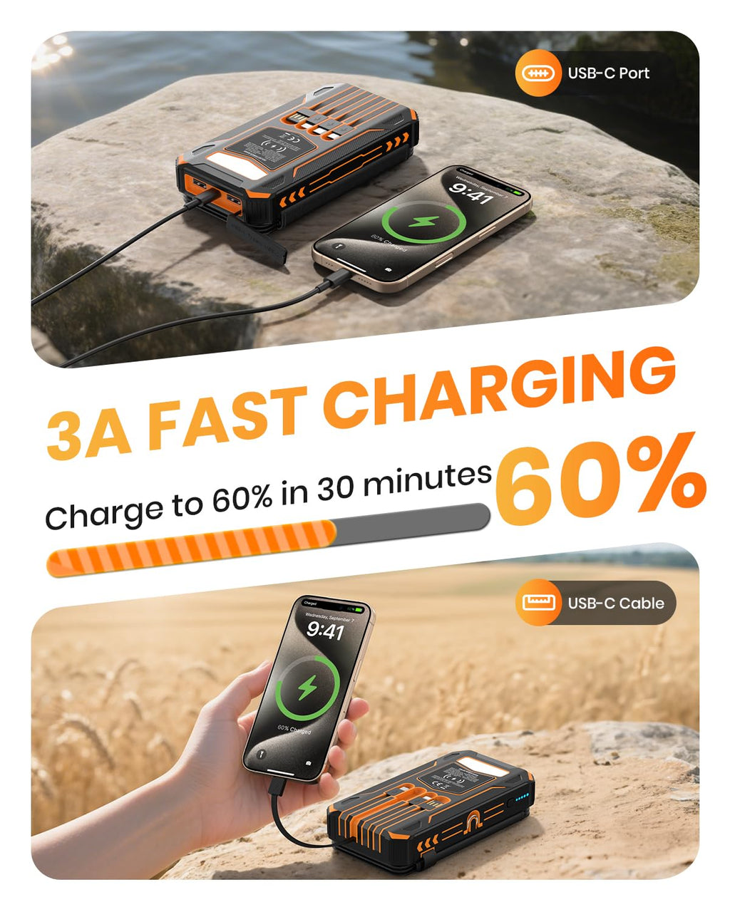 SOARAISE Solar Power Bank 48000mAh Wireless Portable Charger with 4 Cables