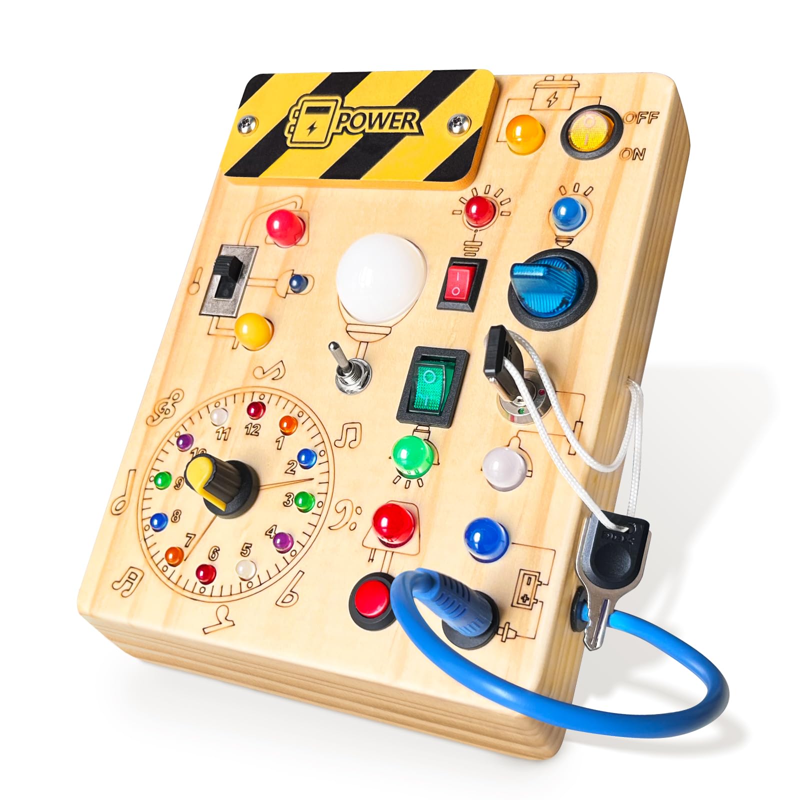 Iabedi Busy Board, Montessori Toy for 1-3 Years Old, Wooden Toddler Sensory Travel Toy, Ideal Gift for 1+ Year Old Boys (Busy Board Plus V2), Medium, Yellow