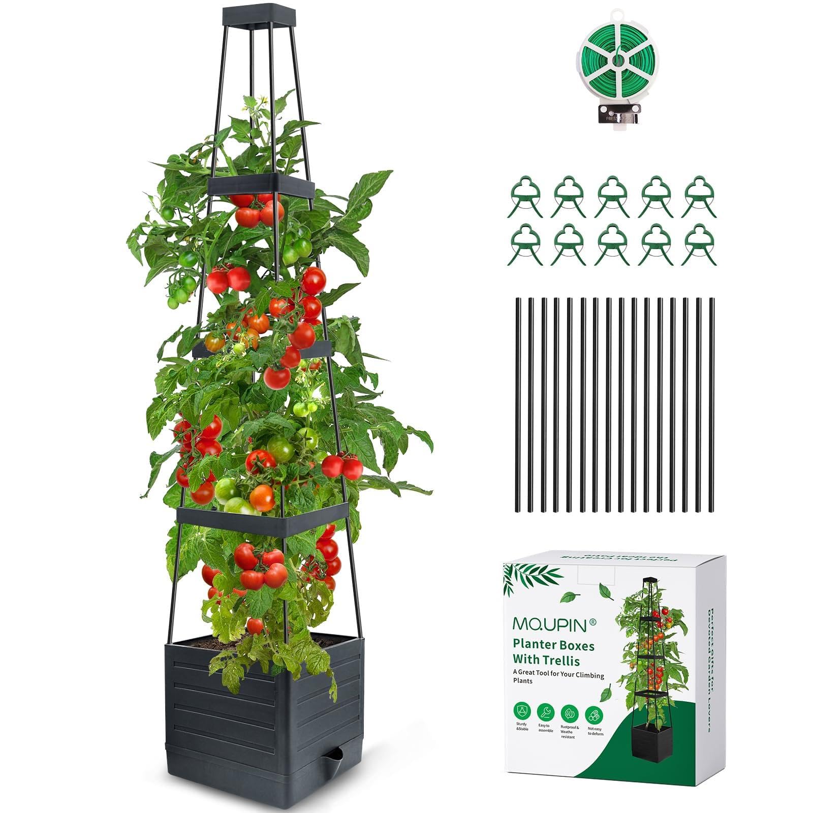 MQUPIN Self Watering Tomato Planter with Trellis, 57" Raised Garden Bed for Climbing Vegetables Vine Flowers, Tomato Cage Plant Support for Indoor Outdoor Patio Greenhouse (1 Pack)