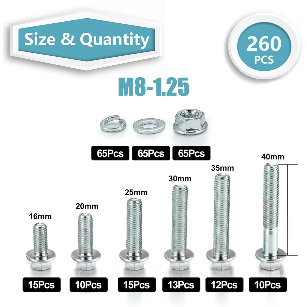 260Pcs Flange Hex Bolts and Nuts Kit,M8 x1.25 (M6 x1.0 M10-1.25 Available) (16mm to 40mm) Metric Bolt Assortment,Alloy Steel Class 8.8 Zinc Plated