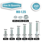 260Pcs Flange Hex Bolts and Nuts Kit,M8 x1.25 (M6 x1.0 M10-1.25 Available) (16mm to 40mm) Metric Bolt Assortment,Alloy Steel Class 8.8 Zinc Plated