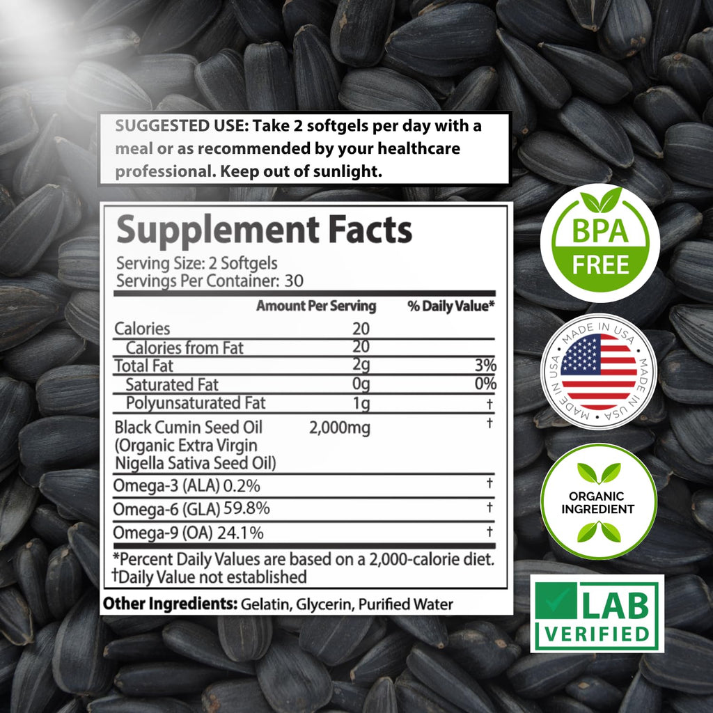 Organic Turkish Black Seed Oil Capsules, Premium Cold Pressed, High TQ, 1 Month Supply, Non-GMO Black Cumin Nigella Sativa Oil for Immune Support, Joint, Digestive Health, 1000mg per Capsule, 60ct