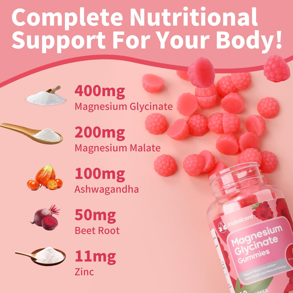 IRIDESICENT Magnesium Glycinate Gummies 400mg, Sugar Free Magnesium Supplement w/Ashwagandha, Zinc, Vegan Magnesium Glycinate Supplement for Adults - 120 Strawberry Gummies