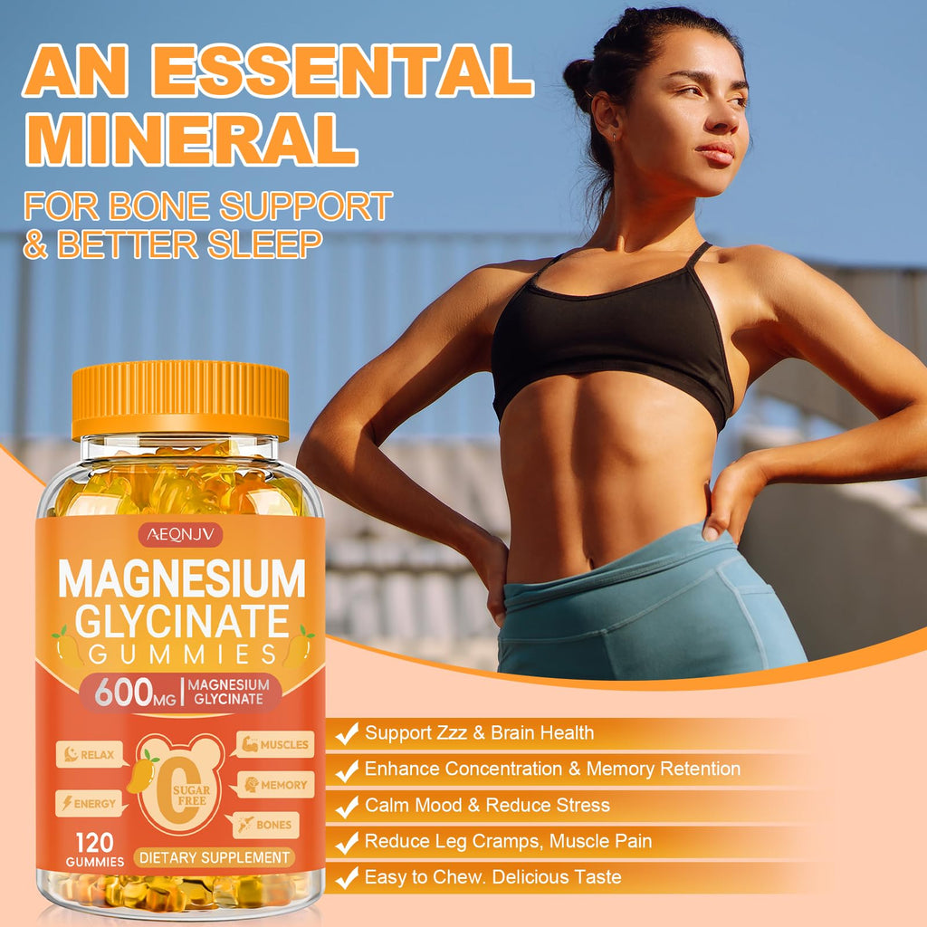 Magnesium Glycinate Gummies 600mg, Chewable Sugar Free Potassium Magnesium Gummies with Magnesium Glycinate, Vitamin D, B6 and CoQ10 for Sleep, Relaxation, Brain & Muscle, 120 Count