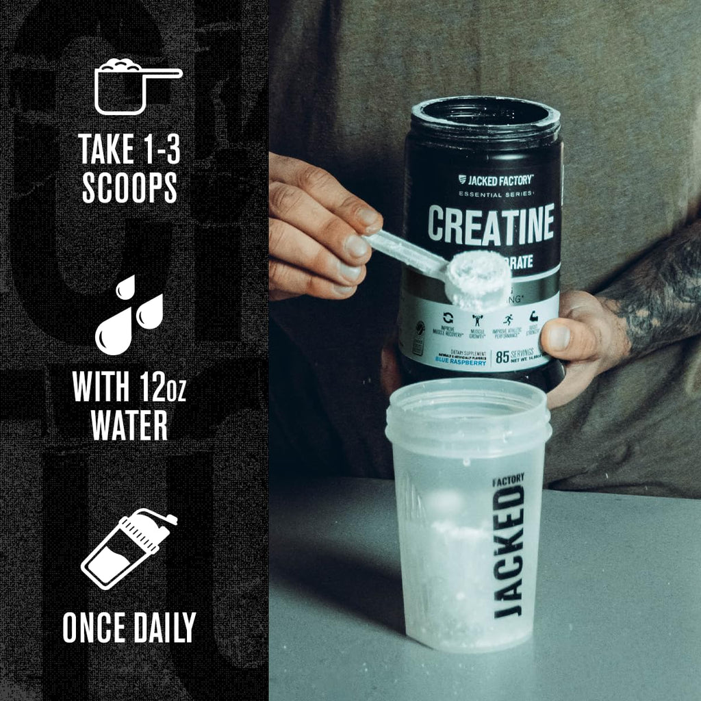 Jacked Factory Creatine Monohydrate Powder 20.4 oz (578g) - 5g Daily Creatine Supplement for Men and Women, Vegan-Friendly, Third-Party Tested - 85 Servings, Blue Raspberry