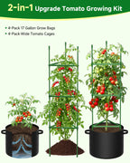 MQJIAZHI 4 Pack Tomato Trellis Cages 55 Inch Height, with 17 Gallon Square Grow Bags, Heavy Duty Tomato Plant Support Stakes for Outdoor Garden Climbing Vegetables Fruits Flowers