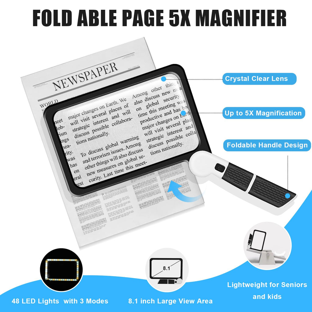 5X Handheld Magnifier for Page Reading - Large Folding Lighted Magnifier with 48 LED Lights (3Modes), Rectangular Handhold Magnify Lens Gifts for Reading Small Prints, Low Vision, Seniors