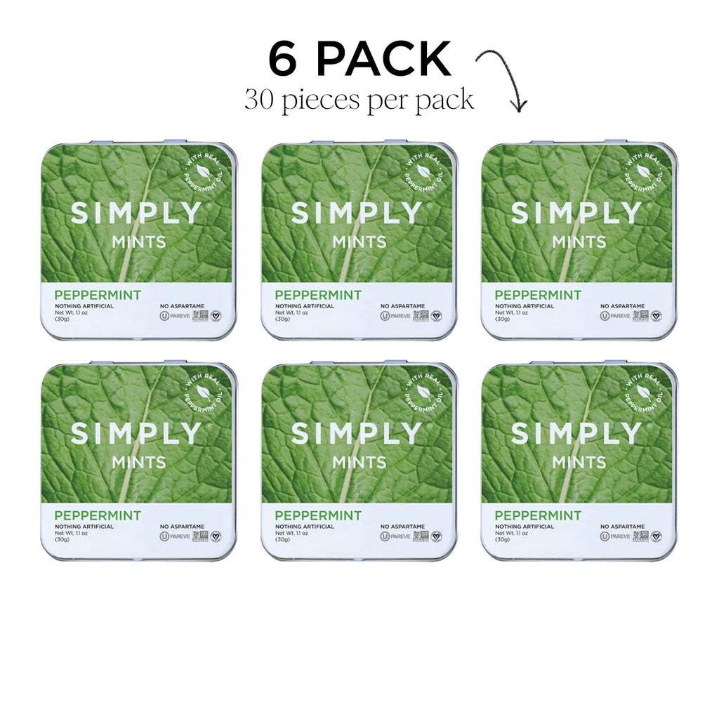 SIMPLY Peppermint Breath Mints, 6 Tins (30 Each) Sweetened by Cane Sugar