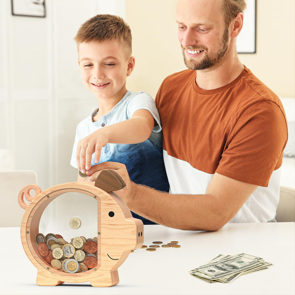 Summidate Piggy Bank for Kids,Large Wooden Pig Money Bank for Boys Girls