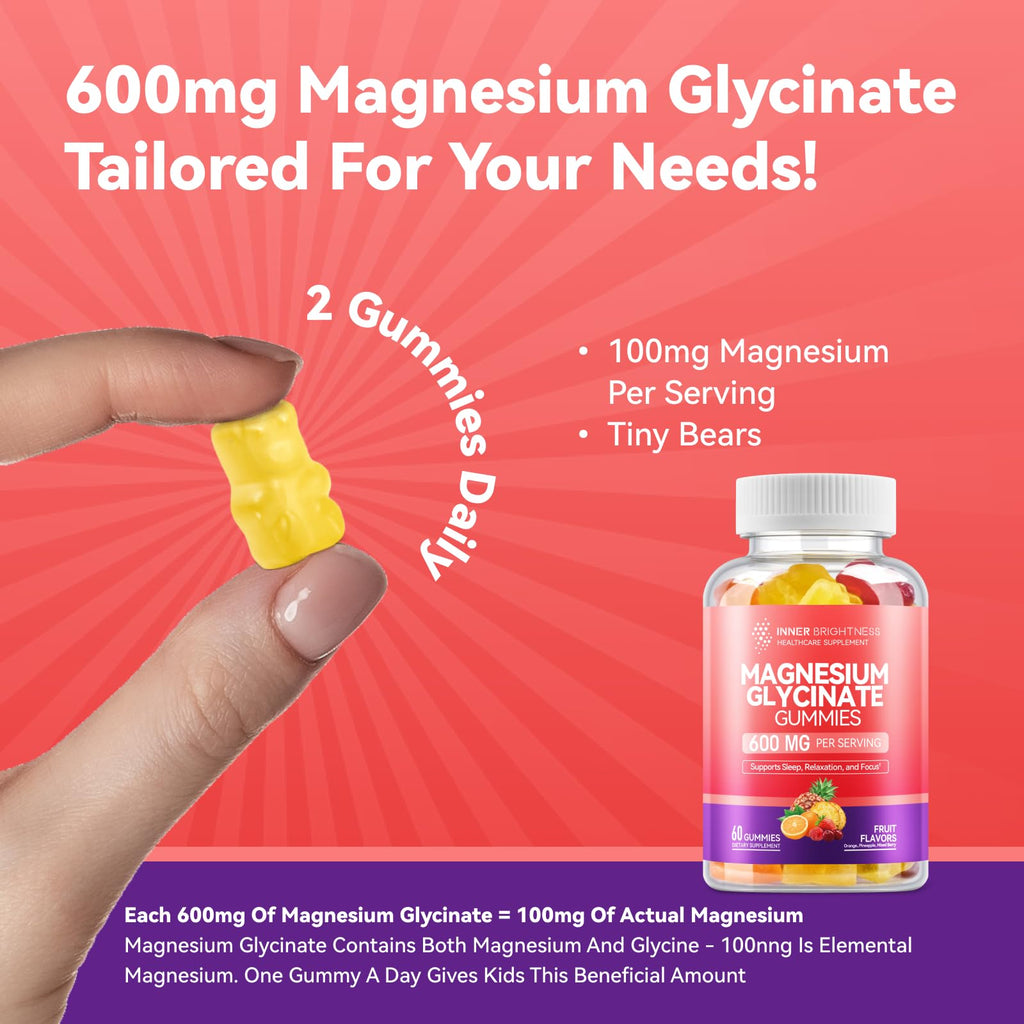 Magnesium Glycinate Gummies 600mg, Non-GMO, Gluten-Free, Magnesium Gummies for Adults & Kids, Sleep, Relaxation & Focus, 3 in 1 Flavor, 60 Count