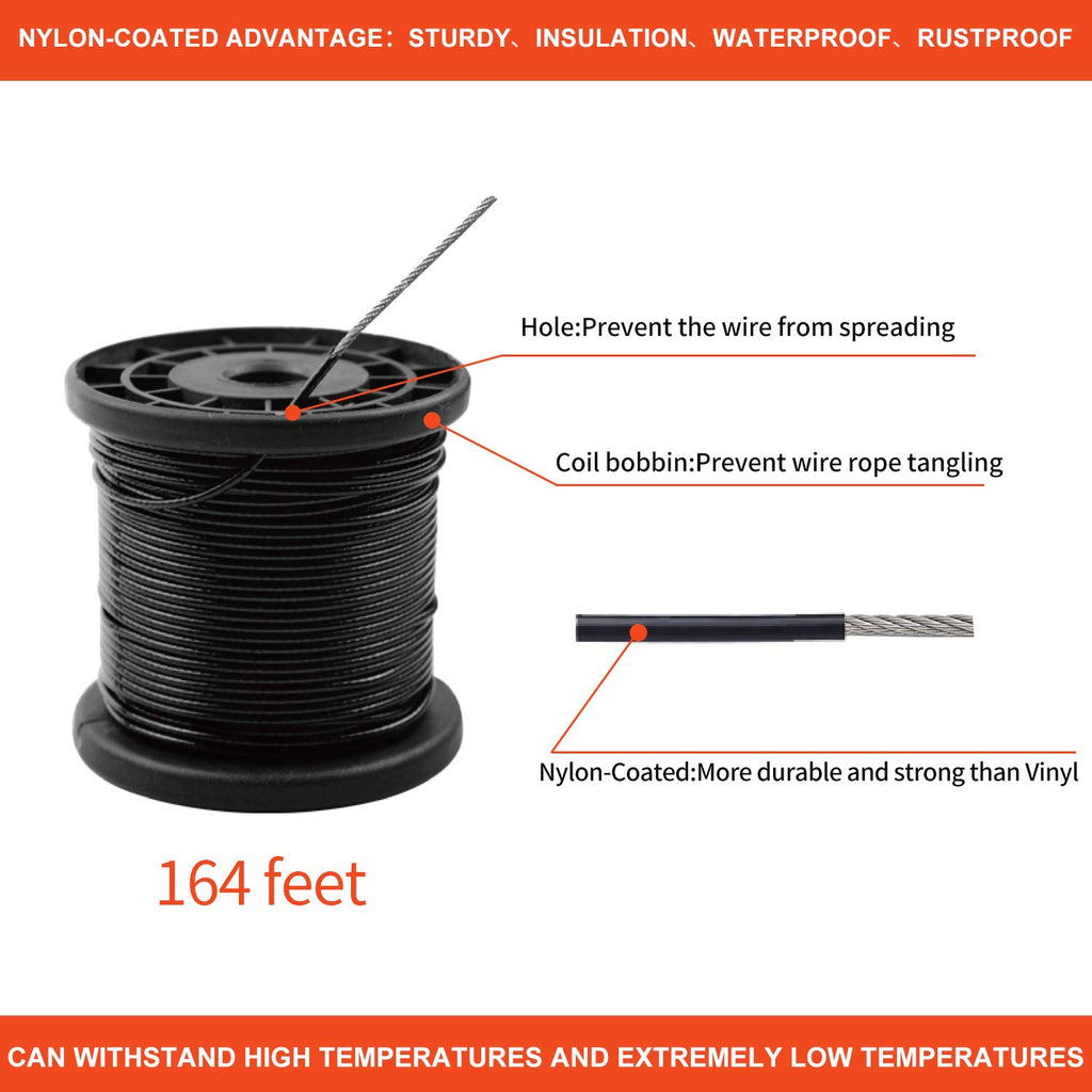 String Lights Hanging Kit,Globe String Lights Suspension Kit,Outdoor Light Guide Wire,Includ 164 FT Nylon-Coated Stainless Steel Wire Rope Cable,Turnbuckle and Hooks,Enough Accessories,Use Manual