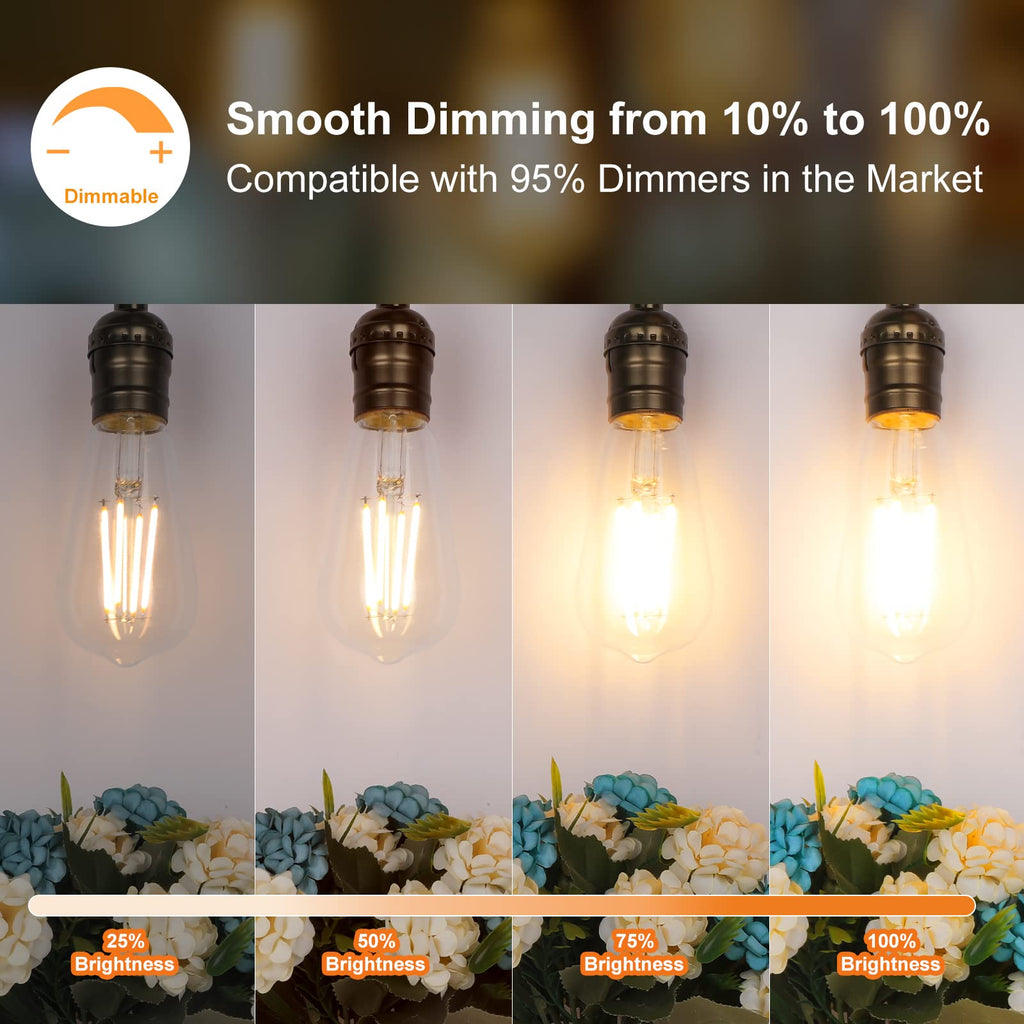 PARTPHONER LED Light Bulbs Dimmable Vintage Edison Bulb, E26 LED Bulb 60W Equivalent 720 Lumens, Warm White 2700K, ST58 Antique LED Filament Bulb CRI 85+, Clear Glass, Pack of 24