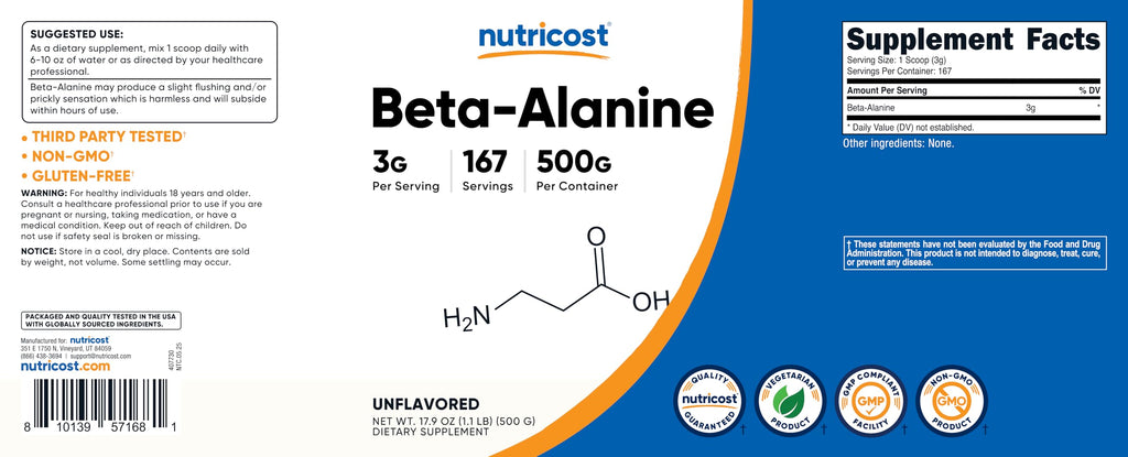 Nutricost Beta Alanine Powder 500 Grams (1.1lbs) - Pure Beta Alanine, Gluten Free & Non-GMO