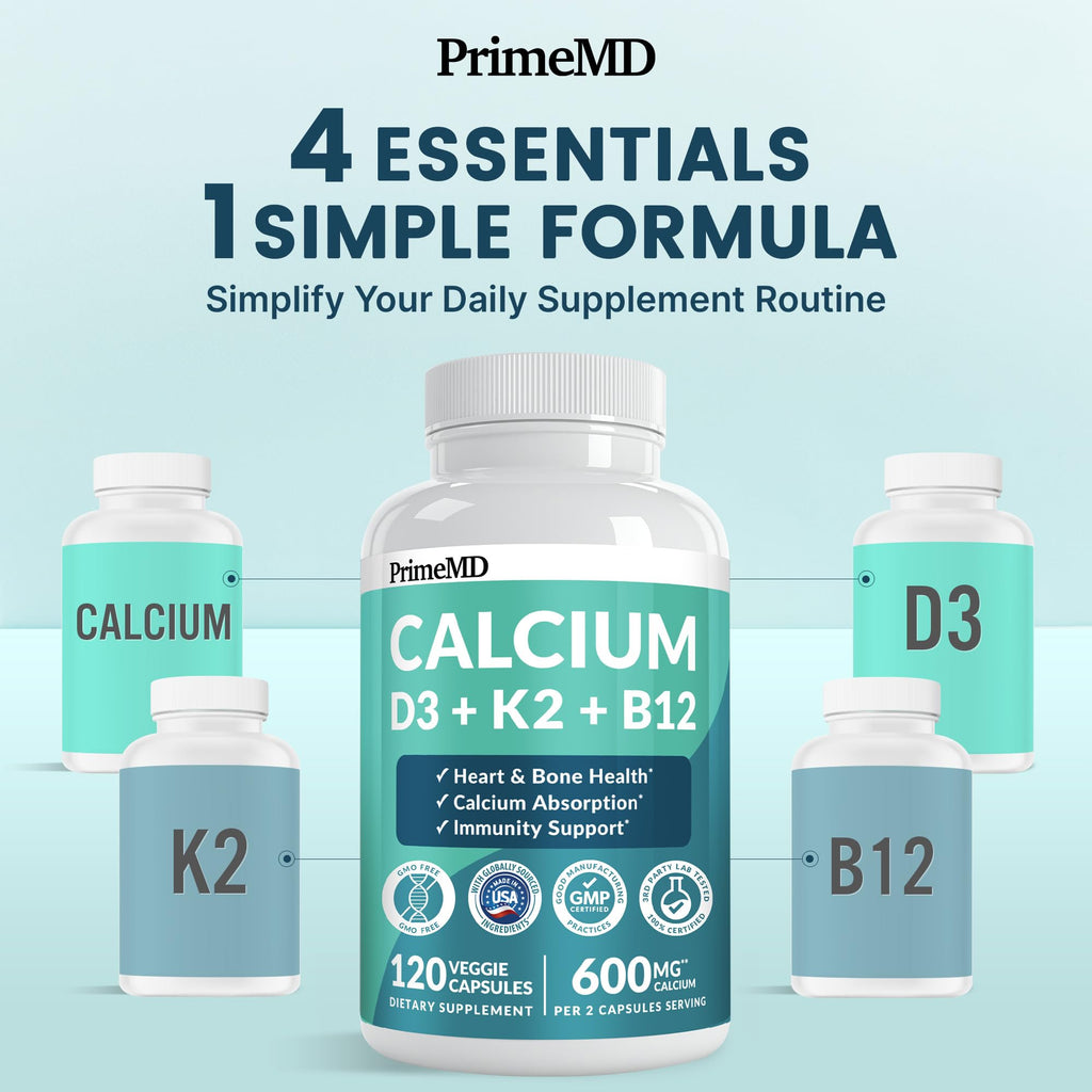 4-in-1 Calcium Supplements for Women & Men - Calcium Citrate with D3 K2 Vitamin 5000 IU - Calcium 600mg with Vitamin D3 K2 - Everyday Vitality Supplement - Vegan-Friendly, Gluten-Free (480 Capsules)