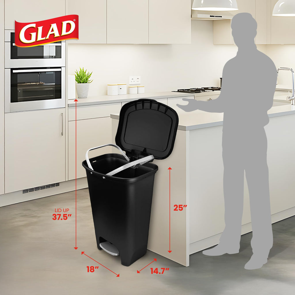 Glad 13 Gallon Trash Can with Clorox Odor Protection, 2 Pack | Plastic Kitchen Waste Bin | Hands Free with Step On Foot Pedal and Garbage Bag Rings, Black
