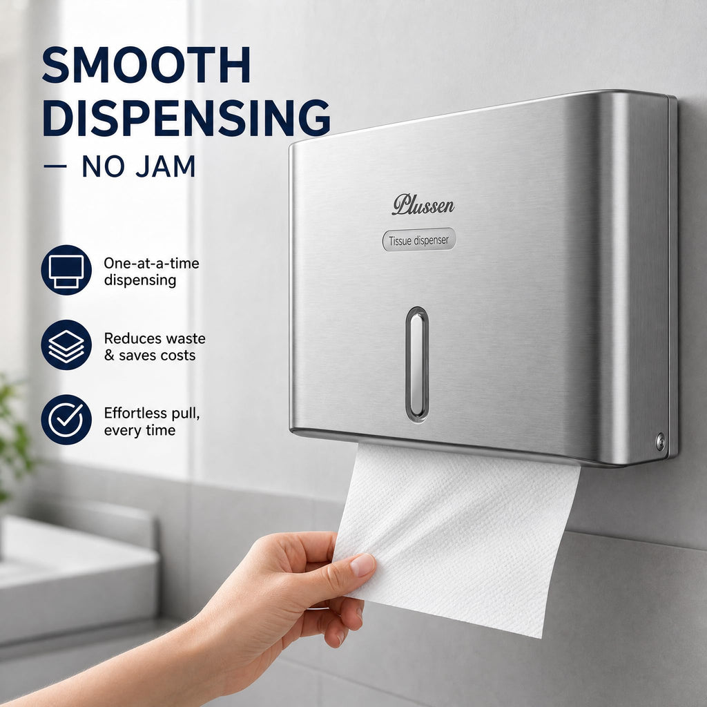PLUSSEN Commercial Paper Towel Dispenser Wall Mount, Lockable Multifold C-Fold Trifold Hand Towel Holder, No-Drill Adhesive ABS for Bathroom Restaurant Office, Silver