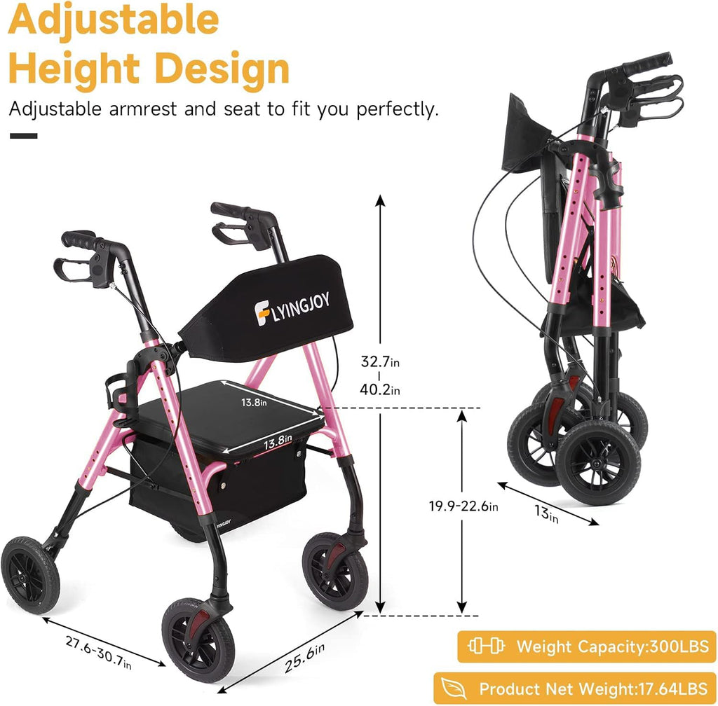 Flyingjoy Lightweight Rollator Walker with Seat & Backrest - Foldable Mobility Aid for Seniors, 8" Airless Tires, Adjustable Height, 300 lbs Capacity, 4 Wheel Rolling Walkers for Seniors Pink