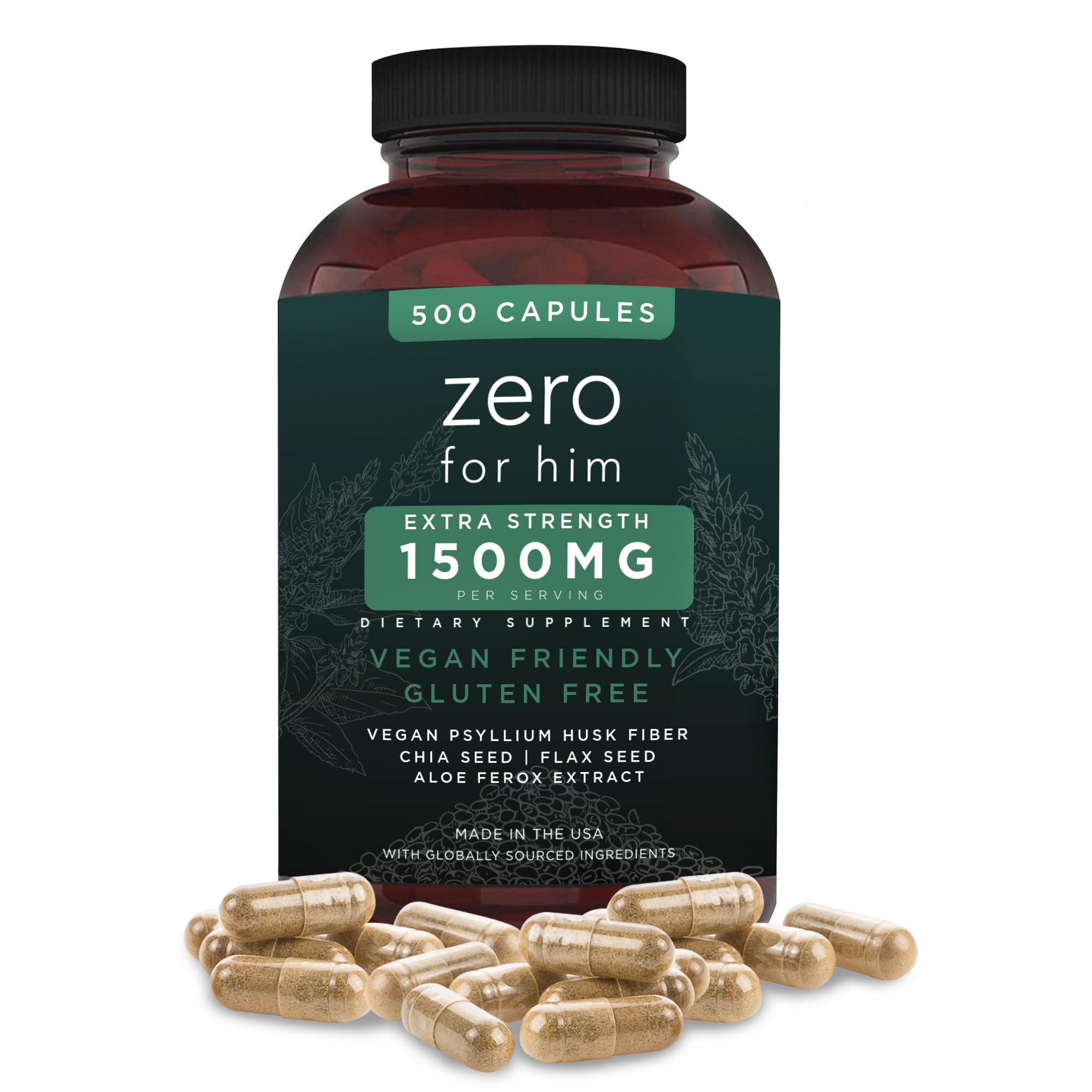 California Basics Fiber Supplements for Men (500 Count) - Daily Dietary Chia Flaxseed Psyllium Husk Vegan Capsules - High Fiber Supplement Pills Zero for Him Extra Strength Pills