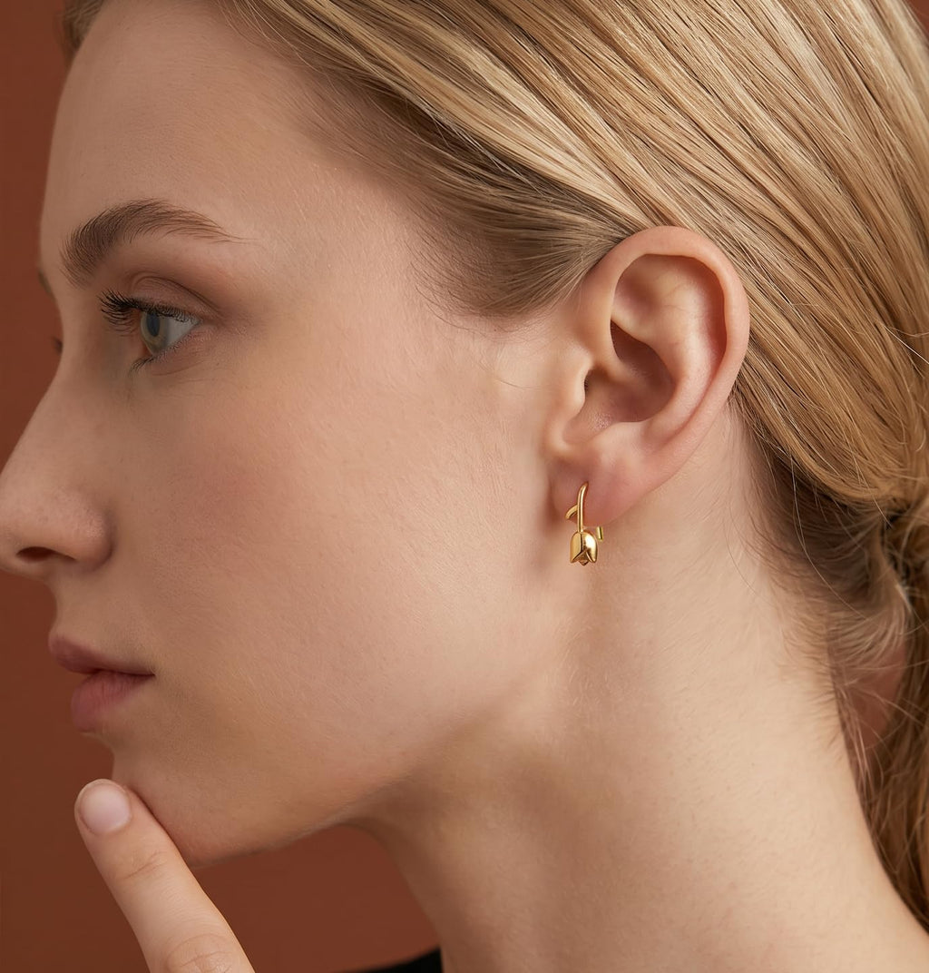 Reffeer Solid 925 Sterling Silver Flower Crawler Cuff Earrings Wraps for Women Teens Tulip Flower Wrap Earrings (B-18K Gold)
