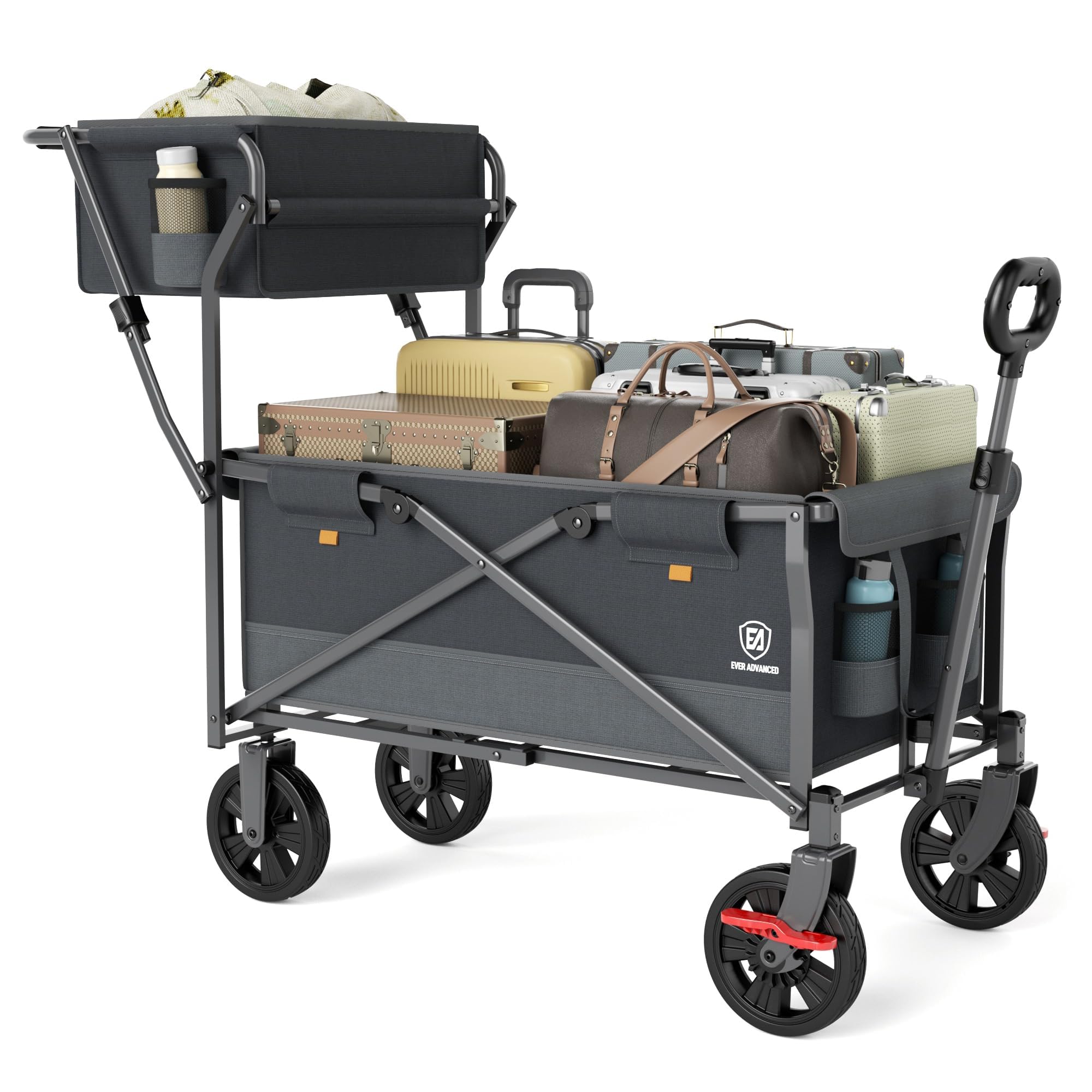 EVER ADVANCED Collapsible Push & Pull Shopping Cart with Wheels & Brakes, Foldable Wagon for Groceries with Practical Basket, Side Pockets & Cup Holders, Beach Utility Rolling Cart for Camping, Grey
