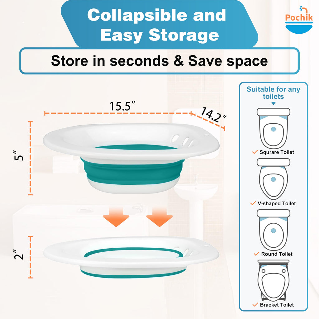 Pochik Sitz Bath for Toilet Seat Hemorrhoids and Postpartum Care, Yoni Steam Seat, Perineal Soaking, Collapsible, Flusher Hose, Drain Holes, Wider Seating Area - Green