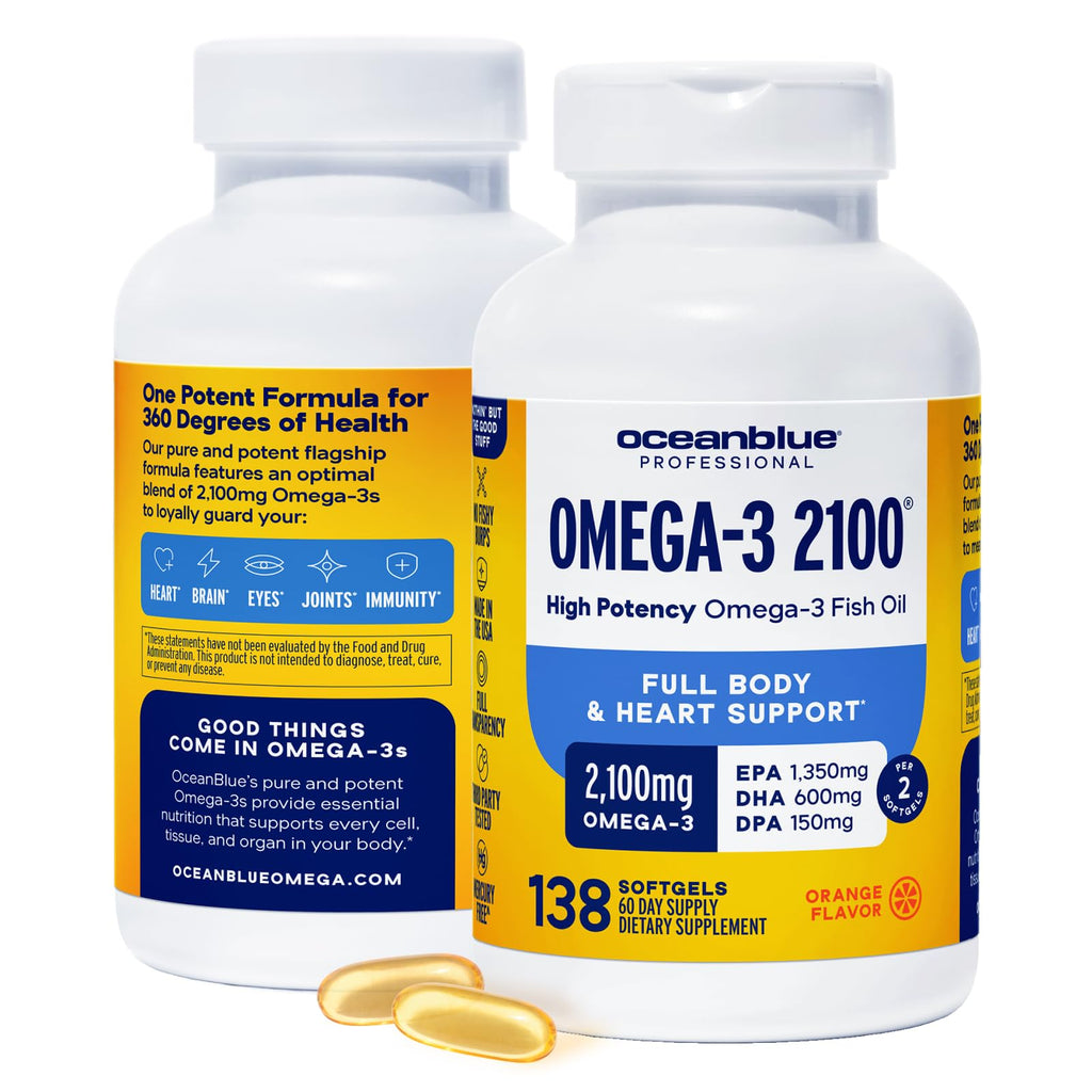 Oceanblue Professional Omega-3 2100mg Fish Oil Supplement – Triple Strength, High Potency EPA, DHA & DPA – Burpless, Wild-Caught, Natural Orange Flavor – 138 Count (Pack of 2)