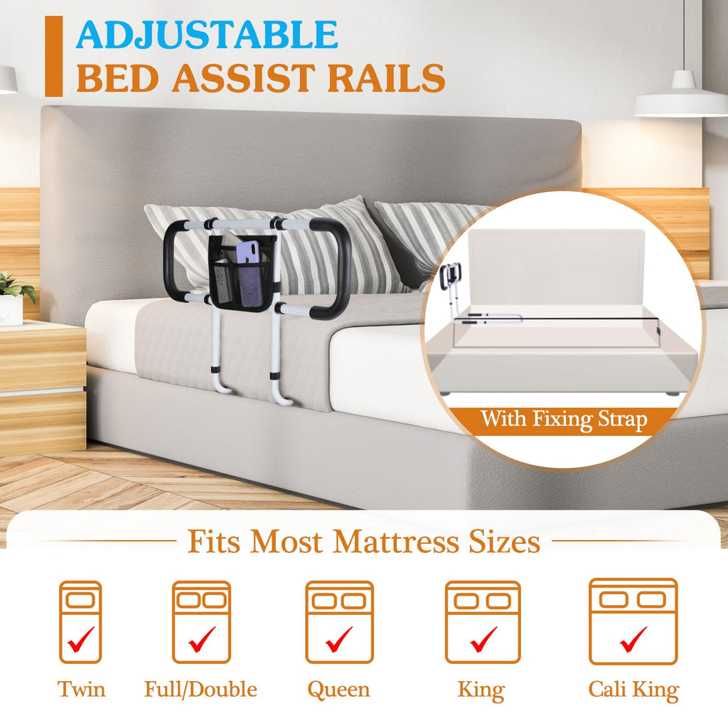 Bed Rails for Elderly Adults Safety - Extended Bed Assist Rail for Seniors - ASTM Approved Adjustable Bed Side Rails Handle Support Bar with Storage Bag & Fixing Strap, Fit King Queen Full Twin