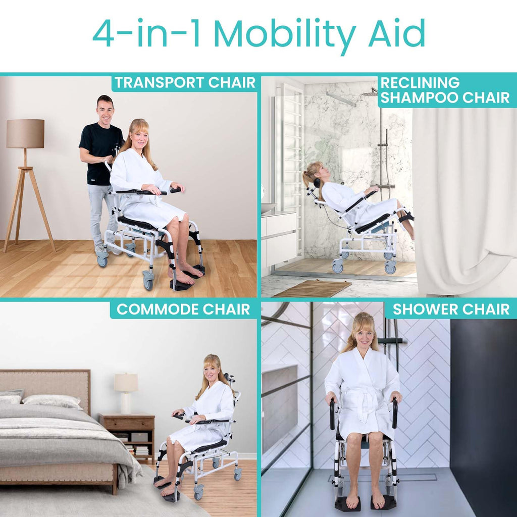 Vive Reclining Shower Chair with Wheels - Commode Wheelchair for Seniors, Disabled & Handicap - Padded Transfer Rolling Chairs w/Arms - Portable, Waterproof Shower Chair - Reclines for Easy Hair Wash