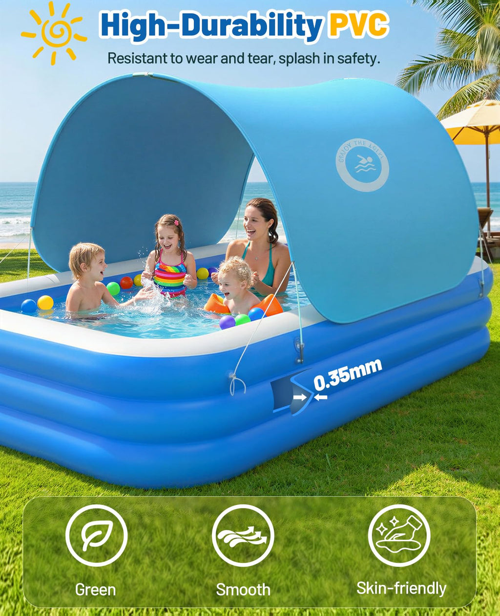 HeySplash Inflatable Pool with Canopy, Swimming Pool for Adults, Large Blow Up Pool Ideal for Family Backyard Garden Party, Outdoor Summer Fun, 118" x 69" x 24"(Blue)