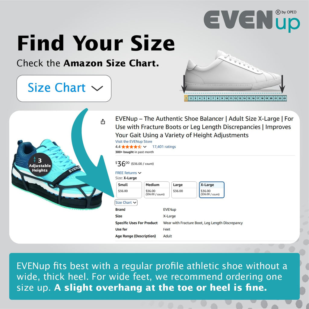 EVENup - Shoe Lift for Walking Boot I Adult Size X-Large I Shoe Balancer for Use with Fracture Boots or Leg Length Discrepancy I 3 Adjustable Heights for Gait Improvement I Shoe Leveler, Shoe Riser