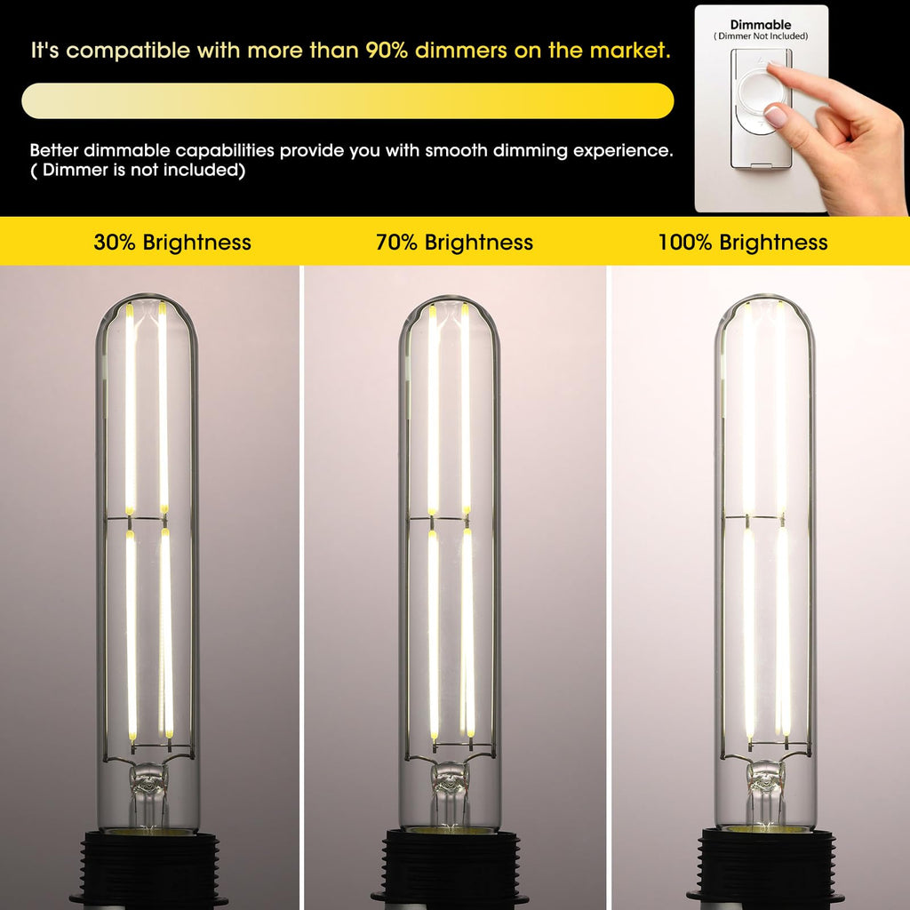 Gozelux 7.3 Inch Long Tubular Vintage LED Edison Bulbs, 6W, Equivalent 60W, High Brightness Daylight 5000K, T10 LED Filament Bulbs with 90+ CRI, E26 Medium Base, Dimmable, Clear Glass, Pack of 6