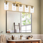 A1A9 5 Light Bathroom Vanity Light Fixtures, Brushed Brass Modern Wall Lights with Clear Glass Shade, Vintage Wall Sconce Lighting for Living Room, Mirror, Bedroom, Hallway (Gold, 5-Lights)