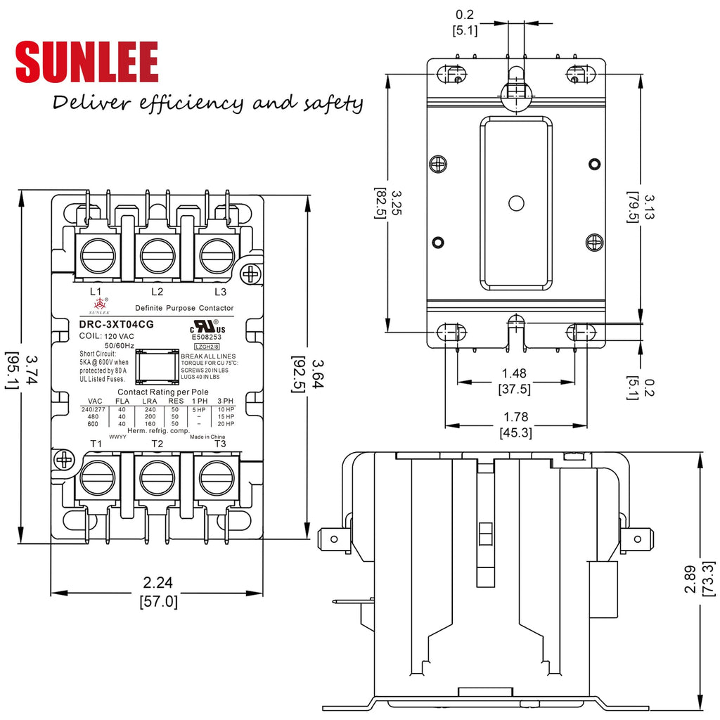 SunLee 3 Pole 40 Amp contactor 120V coil UL DP Contactor HVAC Contactor A2L Compliant 42CF35AF equivalent