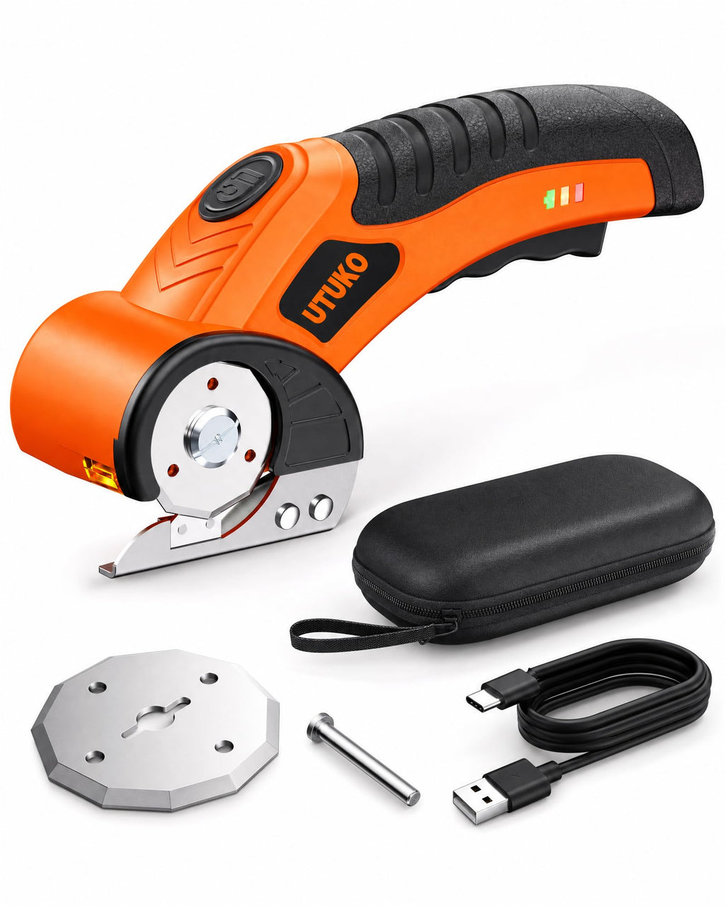 UTUKO Electric Cardboard Cutter – Upgraded High-Power 800RPM Brushless Motor, 3500mAh Cordless Rechargeable Electric Scissors, Heavy Duty Box Cutter for Cardboard, Carton Mat Cutter Blades orange