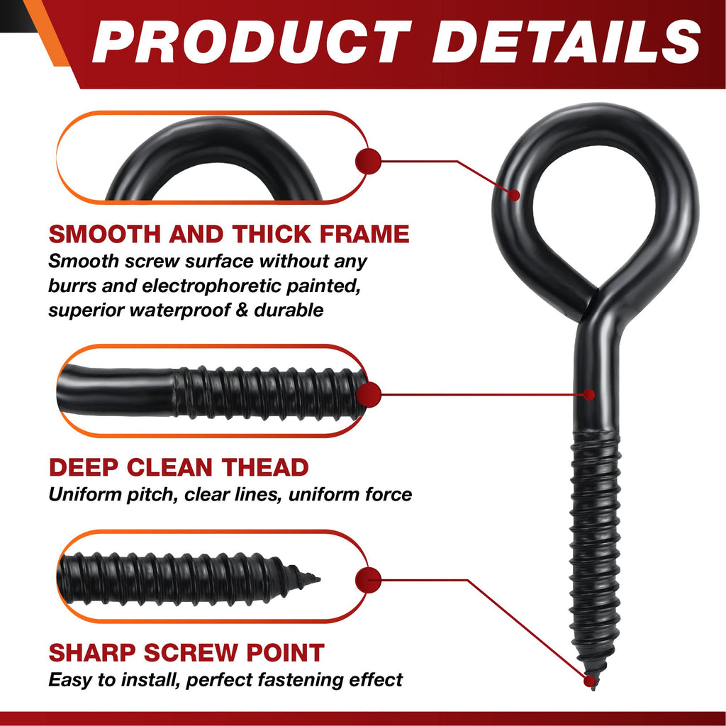 PAMAZY 6 Inch Heavy Duty Black Screw Eyes Hooks, 700LBS Breaking Strength, 4PCS Self Tapping Eyelet Screw Eye Bolts, Screw in Eye Hooks for Wood Securing Cables Wire, Heavy Indoor & Outdoor Uses