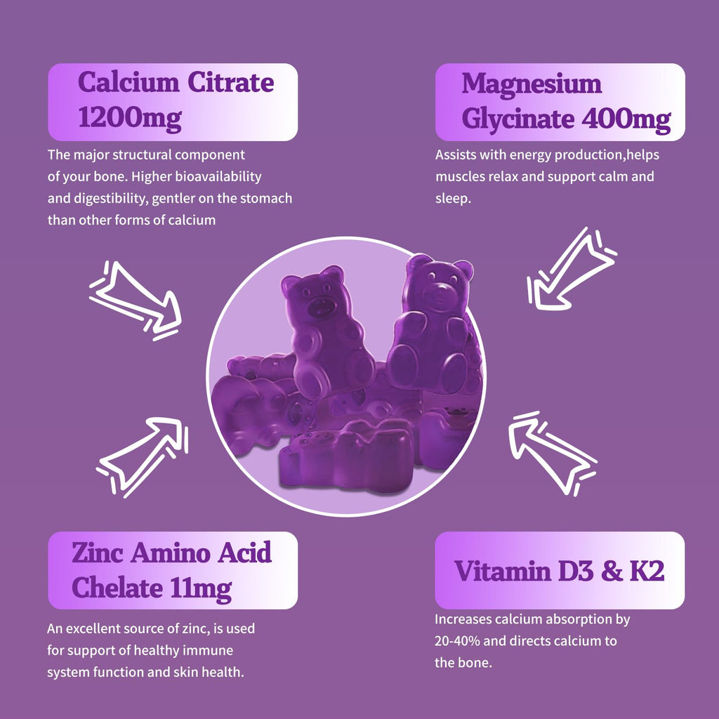 OALSE Calcium Magnesium Zinc Gummies with Vitamin D3 & K2-High Absorption Magnesium Glycinate-Muscles, Immune & Sleep Support-Sugar Free- Blueberry Flavored (1 Pack)