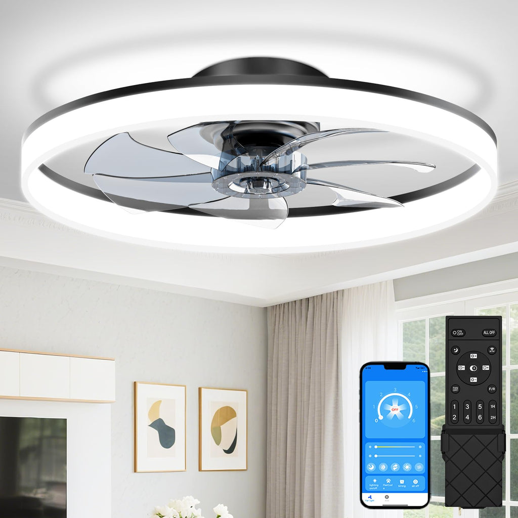 VOLISUN Low Profile Ceiling Fans with Lights and Remote, 24in Fandelier Ceiling Fan Flush Mount, 3000K-6500K Smart Bladeless LED Fan Light, Black Modern Ceiling Fans with Lights for Bedroom