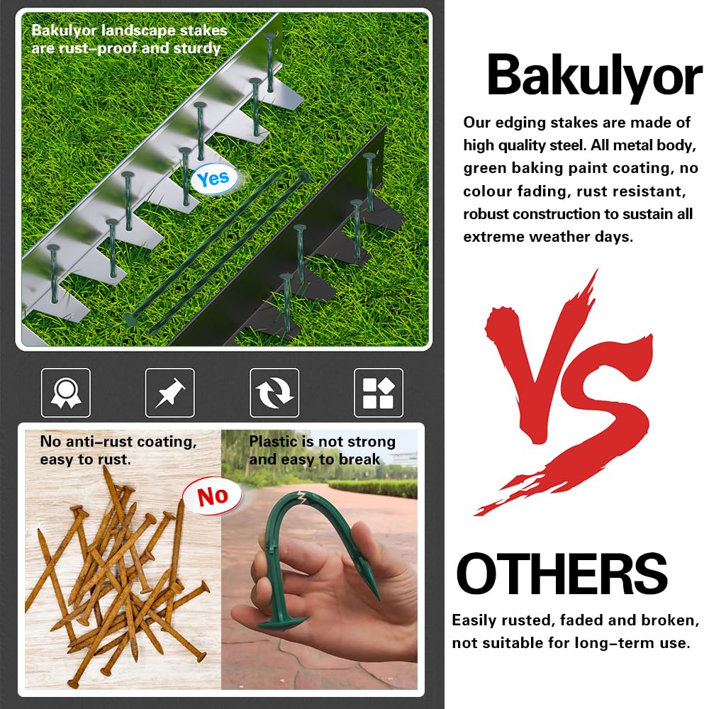 Bakulyor 100 Pack Metal Landscape Stakes, 6 Inch Artificial Turf Spikes, 6 Gauge Large Landscaping Nails, Green Edging Anchoring Staple for Garden Ground Grass Lawn Paver Timber Border Weed Barrier 6"