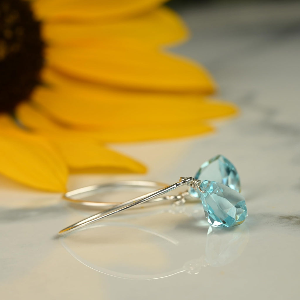 Handmade Dangle Earrings for Women - Aquamarine Blue Quartz Sterling Silver in Gift Box - Sparkly Blue Quartz Trillion - Lightweight Dangling - Trendy Long Dangly Drop Handcrafted