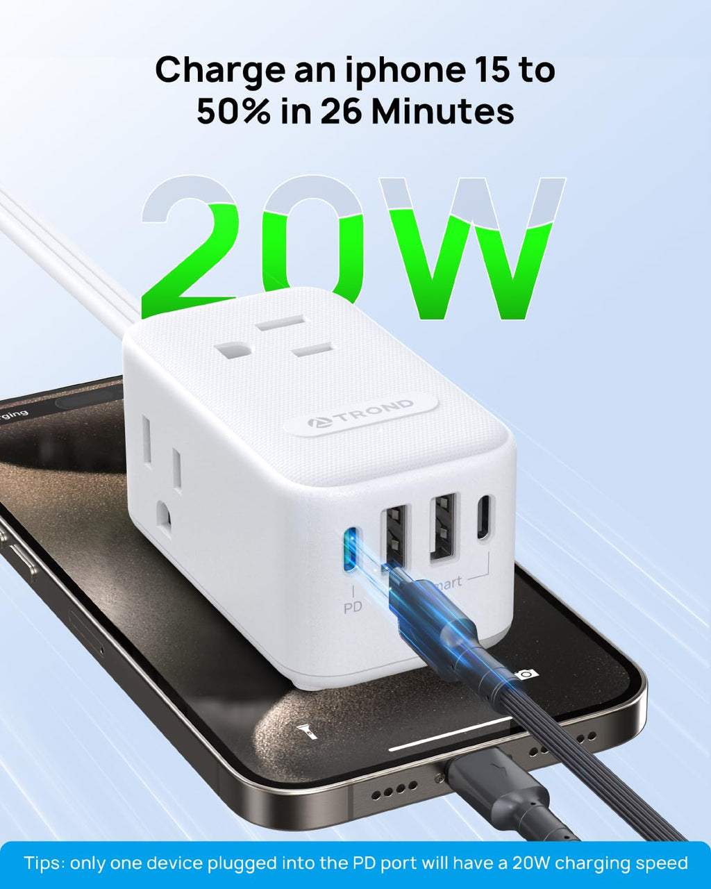 TROND 20W USB C Travel Power Strip - Ultra Thin Flat Plug, Small 10ft Long Extension Cord Wall Mount, 3 Side Outlet Extender for Nightstand, Dresser, Couch, TV, Cruise Essentials, White