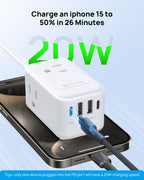 TROND 20W USB C Travel Power Strip - Ultra Thin Flat Plug, Small 10ft Long Extension Cord Wall Mount, 3 Side Outlet Extender for Nightstand, Dresser, Couch, TV, Cruise Essentials, White