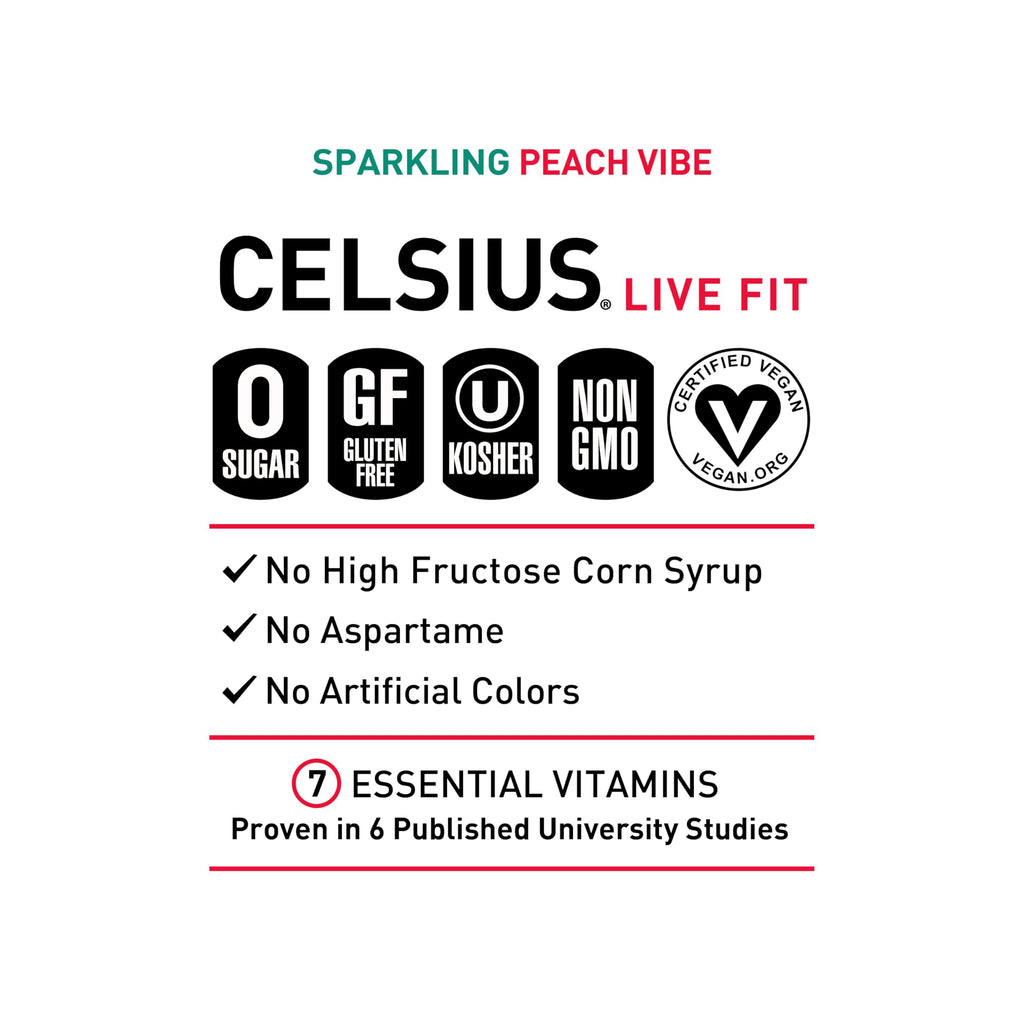 CELSIUS PEACH VIBE Sparkling White Peach, Sugar Free Energy Drink, 12 Fl Oz (Pack of 12)