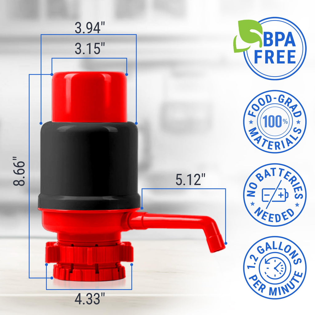 HotFrost Manual Water Pump for 5 Gallon Jug & Bottle – Non-Electric 5 Gallon Water Dispenser, Universal Hand Pump with 3 Adjustable Tubes, 53mm Screw Top Adapter, Spout Cap & Cleaning Brush, BPA-Free