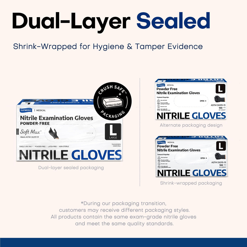 Supmedic Soft Max Disposable Nitrile Exam Gloves, Powder-Free Black 100 (L)