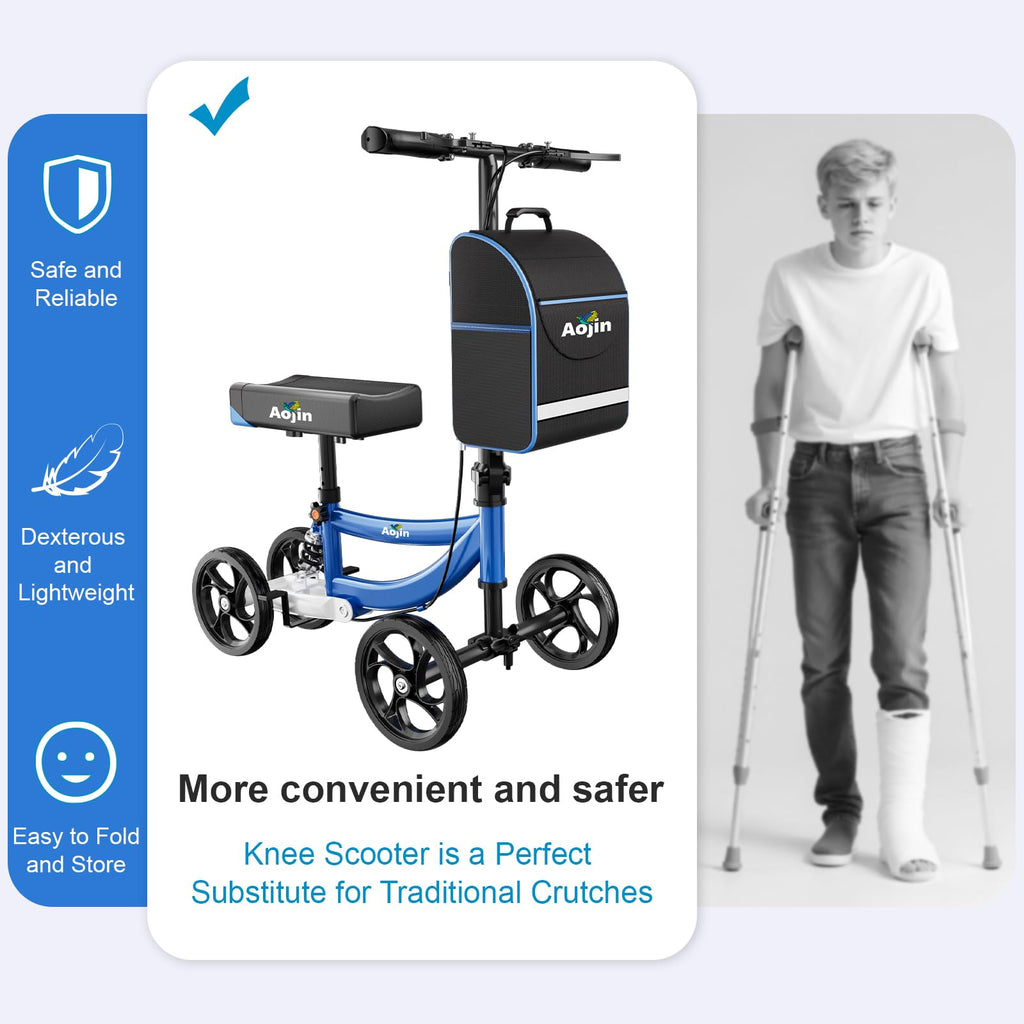 Aojin Knee Scooter for Adults for FootInjuries, 300lbs Capacity, All Terrain Foldable Knee Scooter Walker with Bag, 13" Wide Pu Seat, Compact Crutches Alternative (Blue)