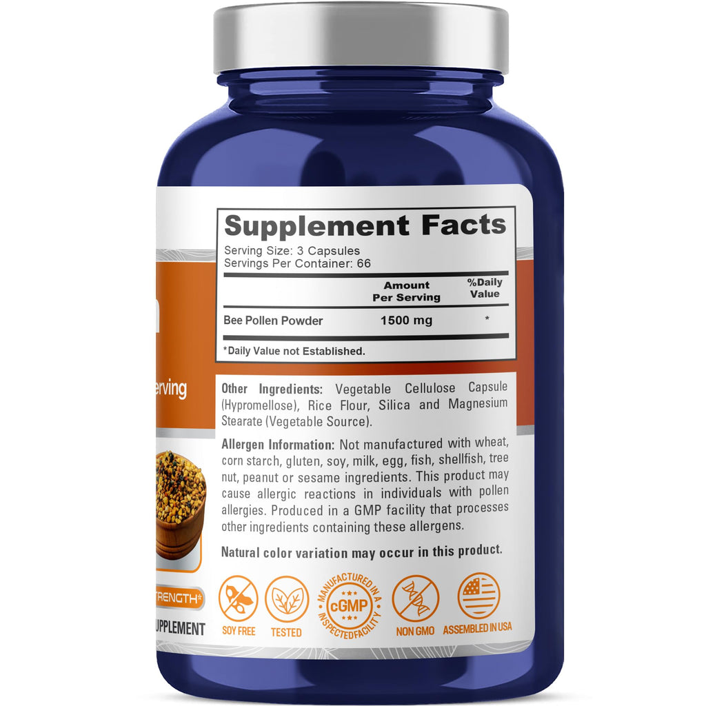 NusaPure Bee Pollen 1500mg 200 Veggie Caps (100% Vegetarian, Non-GMO, Vegan) Naturally Occurring Proteins, Aminoacids